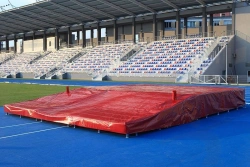 Waterproof cover for pole vaulting landing places.