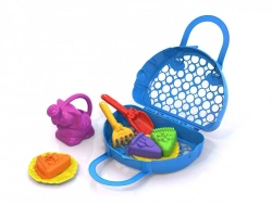 Sand Set ?124 (3 moulds "Cakes", 3 saucers, rake, scoop, watering can, bag - basket)