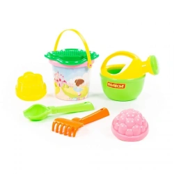 Set No. 180: small bucket with sticker, flower strainer, trowel No. 2, rake No. 2, 2 moulds, small watering can No. 4, item No.