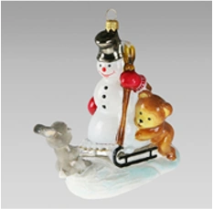 Handmade glass Christmas tree toy "Snowman on a sleigh with forest friends"