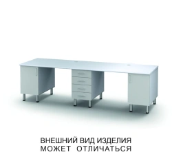 Three-desk unit with swinging doors and four drawers