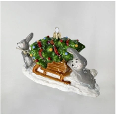 Handmade glass Christmas tree toy "Hares dragging the tree"