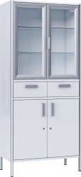 Medical cabinet, two-sectional, double-leaf, made of aluminium profile and laminated wood chipboard, with glass shelves and glas
