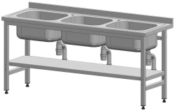 Table with three sinks, stainless steel, open