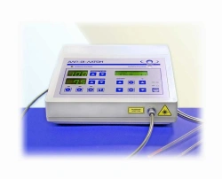 Semiconductor K- and IR laser therapy apparatus with fibre-optic light guides for percutaneous and intracavitary treatment.
