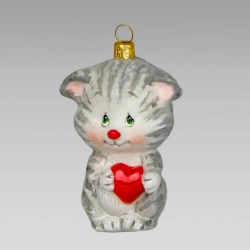 Handmade glass Christmas tree toy "Kitten with a heart grey"