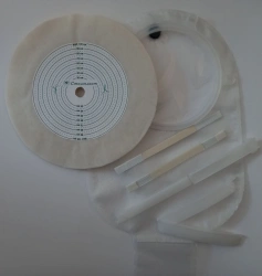 Stomplast two-component drainable colostomy bag with one-sided soft liner, with filter, diameter of cut-out stencil.