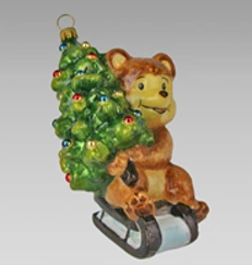 Handmade glass Christmas tree toy "Bear on a sleigh with a Christmas tree"