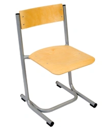 Pupil's chair with seat and backrest made of wood materials on metal frame (round tube)