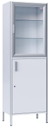 Medical cabinet, two-sectional, single-leaf, made of aluminium profile and laminated plastic board, with glass shelves