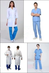 Set of medical isolation clothing reusable non-sterile: Overalls, coat, jacket, trousers, cape, armbands, apron, bahi.