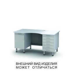 Two-desk microscope table with hinged door, drawers and pull-out shelves