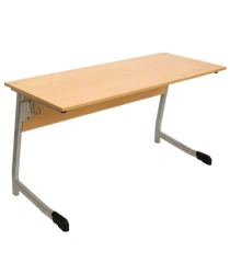 Pupil's desk with a table top made of wood materials on a metal frame (semi-oval tube)