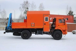 Mobile workshop with CMU (produced by INMAN JSC) on chassis KAMAZ-43502 (-D5) Type 27393, Modification 27393-01.