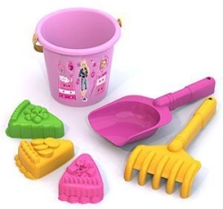 BARBIE sand set ?7 (bucket, 3 moulds "Cakes", rake, dustpan)