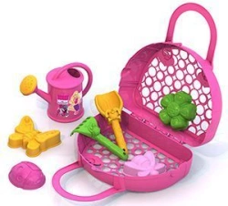 BARBIE sand set #8 (3 moulds "Ladybug, Bee", mould "Butterfly", rake, scoop, watering can, bag - basket)