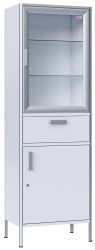 Medical cabinet, two-sectional, single-leaf, made of aluminium profile and laminated plastic board, with glass shelves
