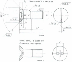 Bolts ground with countersunk head OST 1 31180-80, OST 1 31183-80, OST 1 31184-80, OST 1 31237-85, OST 1 11936-74