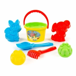 Set No. 143: Medium bucket, strainer, spatula No. 5, rake No. 5, moulds (squirrel + dog), 2 moulds, Article No. 2913