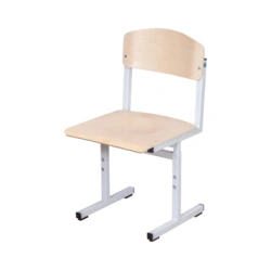 Height-adjustable student chair with a seat and backrest made of wood materials on a metal frame (square tube).