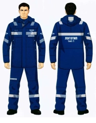Men's suit (jacket, overalls) in Gazprom Neft corporate style to protect workers from exposure to oil and petroleum products.