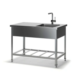 Collapsible table with one-piece sink and MS-1 worktop without edge made of stainless and galvanised steel