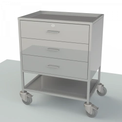 Tables with a table top and drawers from stainless steel and with a handle for movement on a sidewall, for transportation of dre