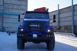 Special purpose hydraulic hoist with CMU produced by INMAN JSC on URAL 5557-18, 55571-18 chassis. GIRD brand. Type 584