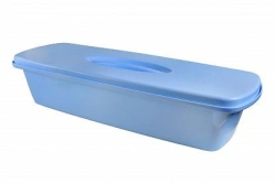 Polymeric containers with perforated tray and lid for pre-sterilisation cleaning, chemical disinfection and sterilisation.