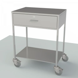 Tables with a table top and drawers from stainless steel and with a handle for movement on a sidewall, for transportation of dre