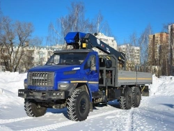 Special purpose vehicle with hydraulic loading crane of KMA type on the basis of URAL 4320 and its modifications U0K00N-4L180