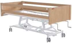 MEGI Fonda 6 Medical functional bed with hydraulically adjustable height, wooden backrests, wooden slatted bed.