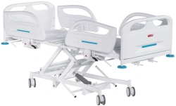 MEGI Strong 3 Medical functional bed with hydraulically adjustable height, plastic backrests, plastic sides.