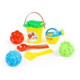 Set No. 159: Small bucket, flower strainer, dustpan No. 2, rake No. 2, 3 moulds, small watering can No. 3, Article No. 4658.