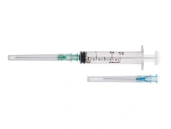 Luer type sterile single-use three-component injection syringe with nominal capacity of 2 ml with two needles