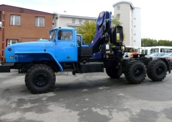 Special purpose vehicle with hydraulic loading crane of KMA type on the basis of URAL 4320, 5557 and its modifications U0K01N-4L