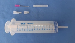 Single-use syringe, three-detail, with catheter tip, nominal capacity 150 ml, with injection needle, pedicle, pedicle tip, cathe