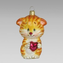 Handmade glass Christmas tree toy "Red Kitten with a Heart"