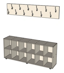 Cloakroom system wall-mounted with shoe drawers.