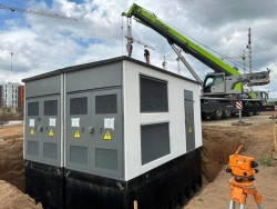 Block complete transformer substation in reinforced concrete case for rated voltage 10kV with capacity 1600kVA. Type 2