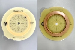 Rehabilitation device for stomical use in colostomies, ileostomies and urostomies: flat plate, convex plate.