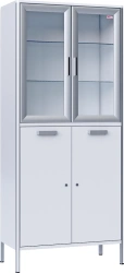 Medical cupboard, two-section, two-leaf, made of aluminium profile and laminated plastic board, with glass shelves