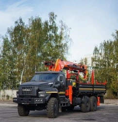 Special purpose vehicle with hydraulic loading crane of KMA type on the basis of URAL 4320 and its modifications U0K03N-4Z040
