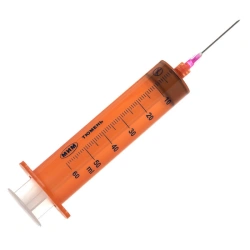 Single-use syringe, three-detail, light-protected, 50 ml nominal capacity with Luer-lock tip, needle and