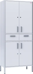 Medical cabinet, two-section, two-leaf, made of aluminium profile and plastic laminated board, with two drawers.