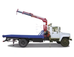 A tow truck with a crane-manipulator unit (CMU) manufactured by "UZPM" Ltd. of ANT type 37121, modification 37121G on a chassis