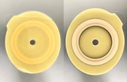Rehabilitation device for stomical use in colostomies, ileostomies and urostomies: flat plate, convex plate.