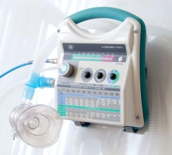 Electronic apparatus for controlled and auxiliary ventilation with oxygen-air mixture for emergency medical service.