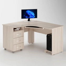 Corner office desk with a cabinet and a stand for a system unit