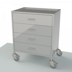Tables with a table top and drawers from stainless steel and with a handle for movement on a sidewall, for transportation of dre